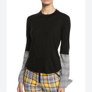 Veronica Beard Roscoe Merino Wool Sweater Size Small Black With Plaid Sleeves